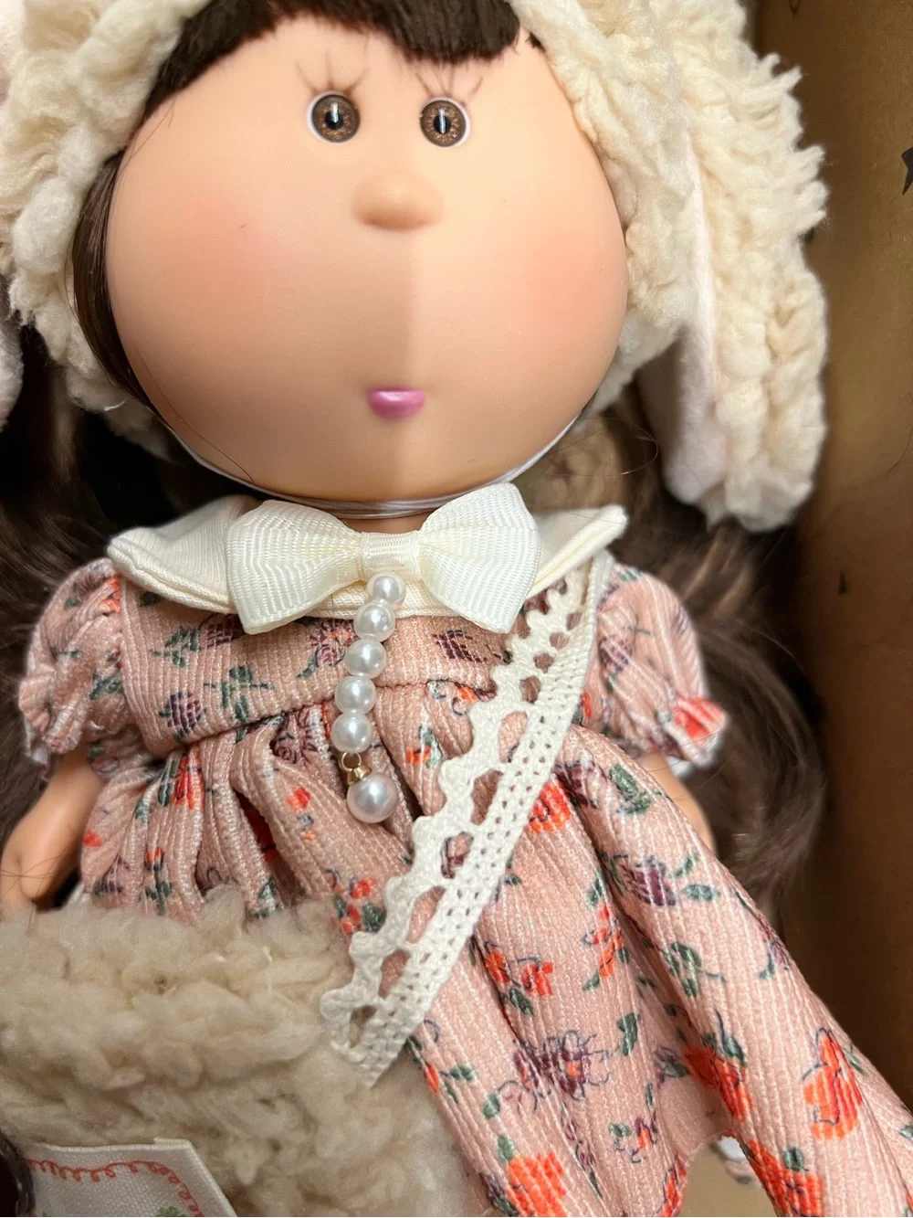 New, Mia Potato Doll with Plush Winter Hat and Floral Dress - Cream & Pink